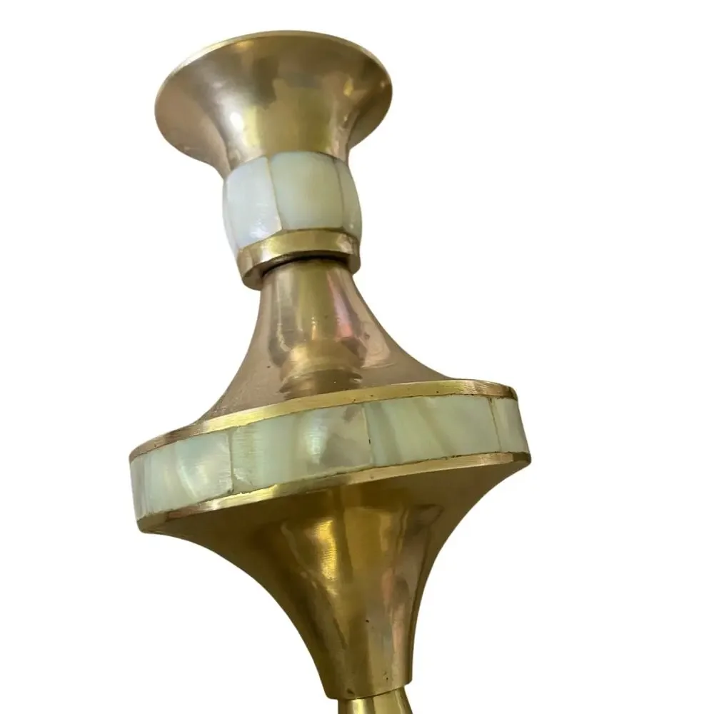 Set of TWO Heavy Brass Candlestick Holders Adorned with Mother of Pearl Shells